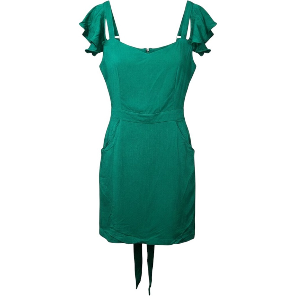 Guess‎ Womens Green Cold Shoulder Ruffle Sleeve Mini Dress with Pockets  Medium